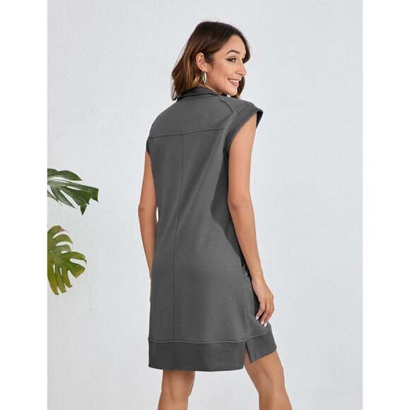 Womens Cotton Blend Half Zip Sweatshirt Dress Summer Casual Mini Tunic - Picture 3 of 6